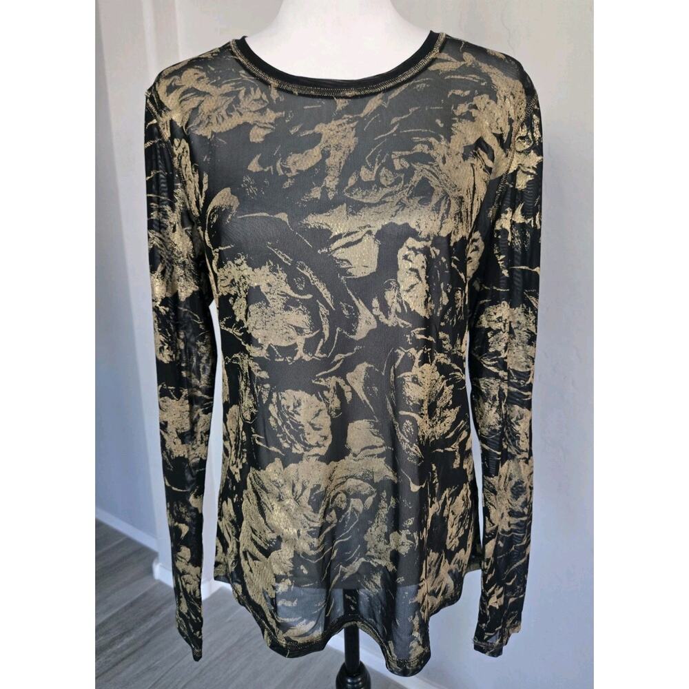 Orly Sheer Floral Black Gold Rose Mesh Long Sleeve Stretch Blouse Shirt Sz M